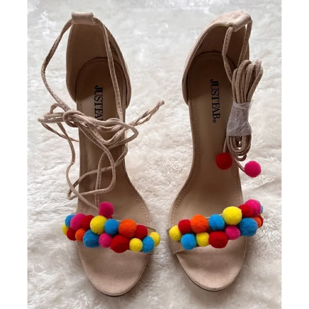 NWOB Hazel Pom Pom Embellished Heels by JUSTFAB